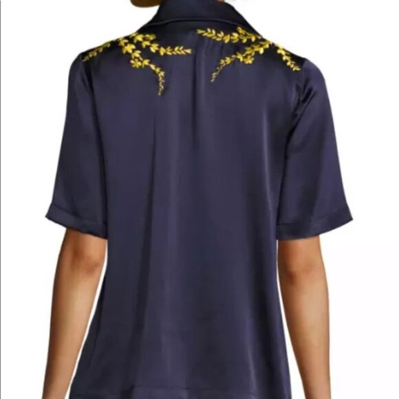 cinq á sept Silk Dani Blouse Blue Gold Embroidered Button Charmeuse Top Floral - Picture 2 of 10
